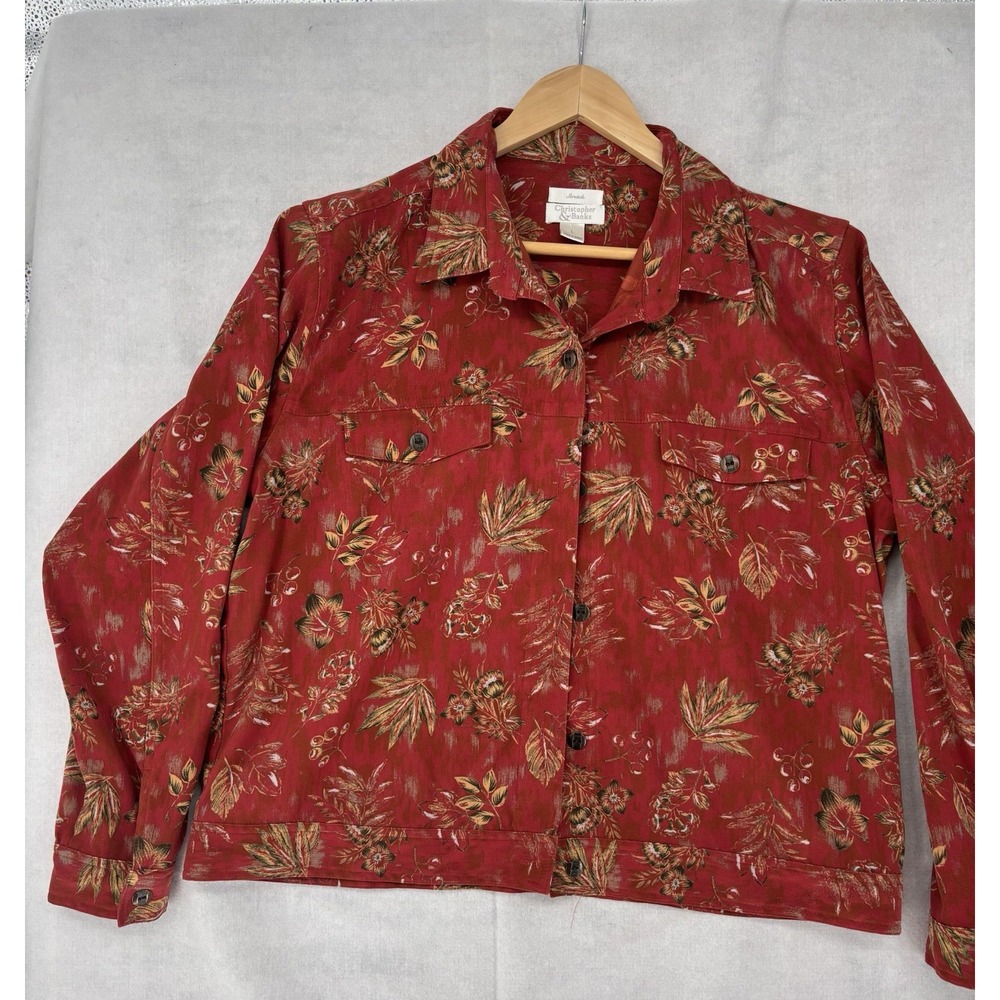 Christopher Banks Bomber Jacket Womens L Red Floral Stretch Button L/SL Cropped